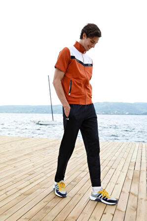 Erkek Iki Iplik Kısa Kol Turuncu- Siyah Beli Lastikli Boru Paça Eşofman Takım - 7708