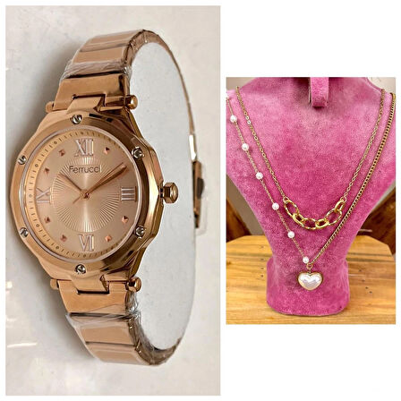 Ferrucci RoseGold Spor Şık Çelik Kadın Kol Saat+%100 Çelik Kolye Hediye