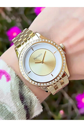 Ferrucci Çelik Taşlı Şık Gold Kadın Kol Saat+Bileklik