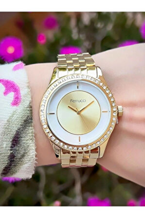 Ferrucci Çelik Taşlı Şık Gold Kadın Kol Saat+Bileklik