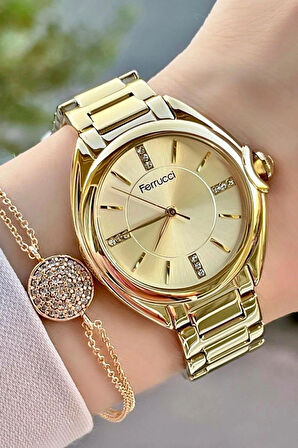 Ferrucci Gold Renk Çelik Şık Kadın Kol Saat+Bileklik Hediyeli
