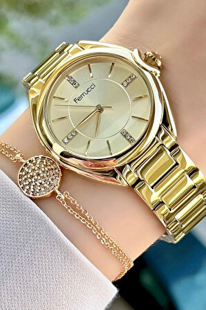 Ferrucci Gold Renk Çelik Şık Kadın Kol Saat+Bileklik Hediyeli