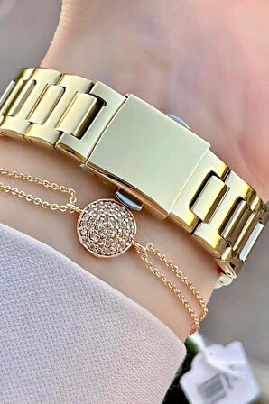 Ferrucci Gold Renk Çelik Şık Kadın Kol Saat+Bileklik Hediyeli