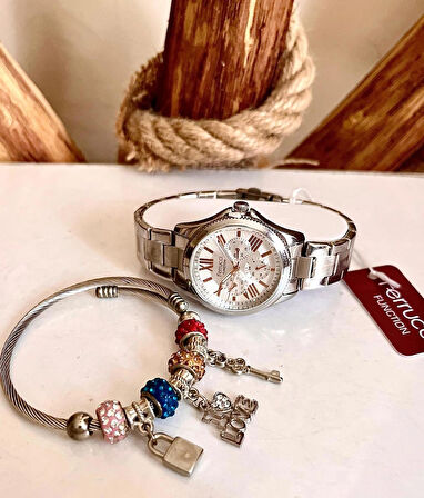 Fonksiyonları Aktif Silver Renk Çelik Kadın Kol Saati+Charm Bileklik