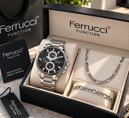 Ferrucci Çelik Kordon&Kasa Fonksiyonları Aktif Erkek Kol Saati+%100 Çelik Takı Set Hediyeli