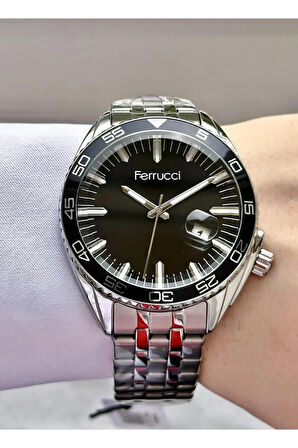 Ferrucci Silver Renk Çelik Takvimli Spor Şık Erkek Kol Saati+Bileklik