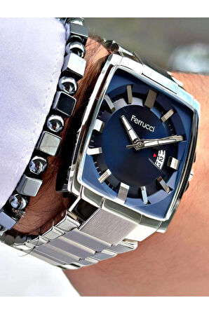 Ferrucci Dikdörtgen Büyük Kadran Takvimli Şık Erkek Kol Saati+Bileklik