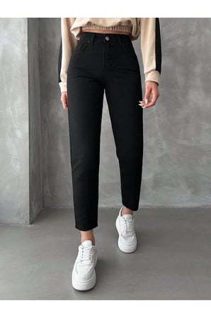 Likralı Kadın Mom Siyah Fit - Yüksek Belli Rahat Jean Pantolon-4