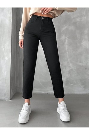 Likralı Kadın Mom Siyah Fit - Yüksek Belli Rahat Jean Pantolon-4