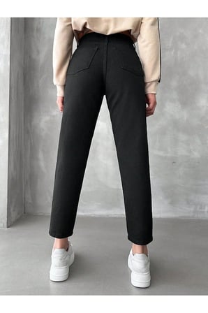 Likralı Kadın Mom Siyah Fit - Yüksek Belli Rahat Jean Pantolon-4
