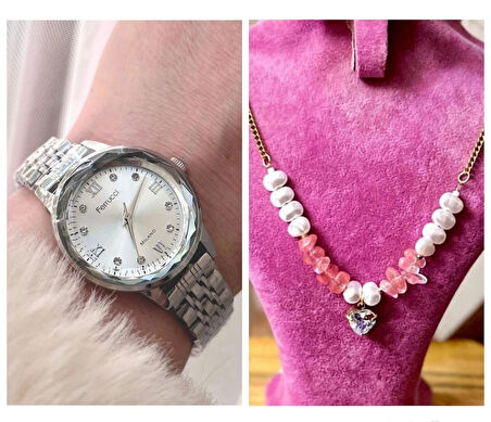 Ferrucci Kristal Efektli Taşlı Kadran Kadın Kol Saat+Çelik Kolye Hediye