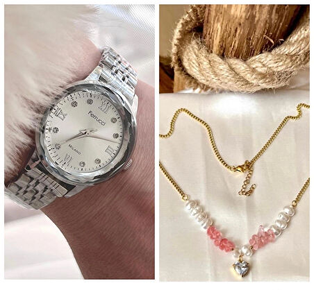 Ferrucci Kristal Efektli Taşlı Kadran Kadın Kol Saat+Çelik Kolye Hediye