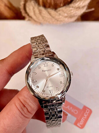 Ferrucci Kristal Efektli Taşlı Kadran Kadın Kol Saat+Çelik Kolye Hediye