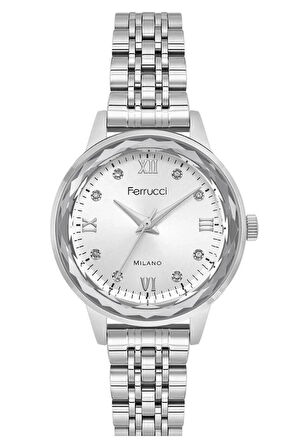 Ferrucci Kristal Efektli Taşlı Kadran Kadın Kol Saat+Çelik Kolye Hediye