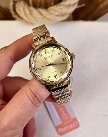 Ferrucci Kristal Efektli Taşlı Kadran Kadın Kol Saat+Çelik Kolye Hediye