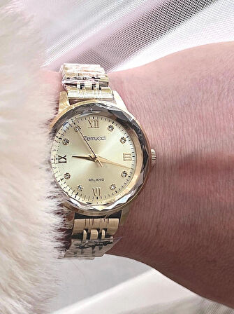 Ferrucci Kristal Efektli Taşlı Kadran Kadın Kol Saat+Çelik Kolye Hediye