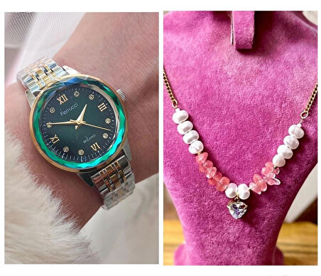 Ferrucci Kristal Efektli Taşlı Kadran Kadın Kol Saat+Çelik Kolye Hediye