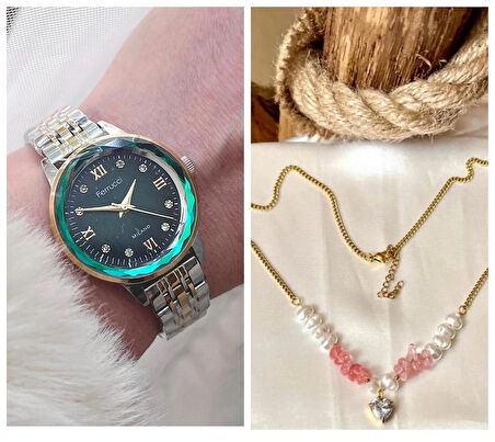 Ferrucci Kristal Efektli Taşlı Kadran Kadın Kol Saat+Çelik Kolye Hediye
