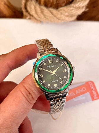 Ferrucci Kristal Efektli Taşlı Kadran Kadın Kol Saat+Çelik Kolye Hediye