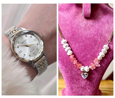 Ferrucci Kristal Efektli Taşlı Kadran Kadın Kol Saat+Çelik Kolye Hediye