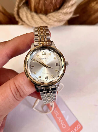 Ferrucci Kristal Efektli Taşlı Kadran Kadın Kol Saat+Çelik Kolye Hediye