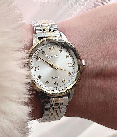 Ferrucci Kristal Efektli Taşlı Kadran Kadın Kol Saat+Çelik Kolye Hediye