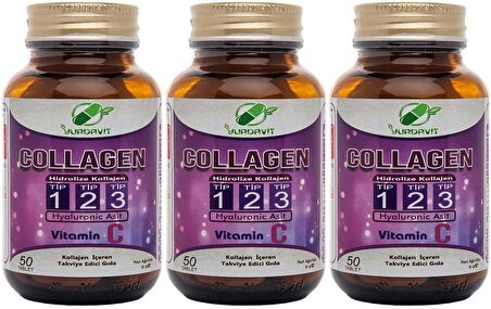 Yurdavit Hydrolyzed Collagen Type 1-2-3 3x50 Tablet Hyaluronic Acid Vitamin C Hidrolize Kolajen