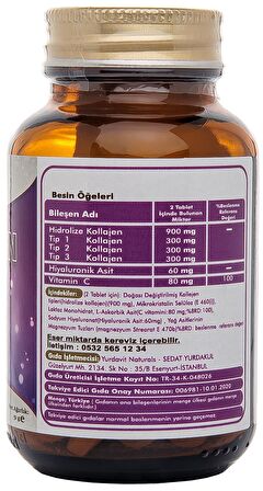 Yurdavit Hidrolize Collagen Type 1-2-3 Vitamin C Kolajen Tip 1-2-3 50 Tablet 