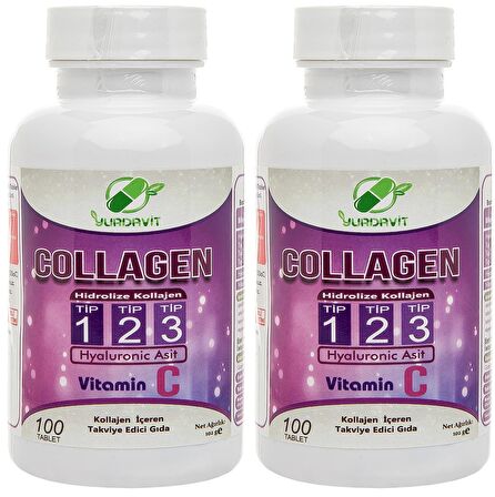 Yurdavit Hydrolyzed Collagen Type 1-2-3 2x100 Tablet Hyaluronic Acid Vitamin C Hidrolize Kolajen