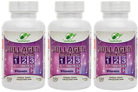 Yurdavit Hydrolyzed Collagen Type 1-2-3 3x100 Tablet Hyaluronic Acid Vitamin C Hidrolize Kolajen