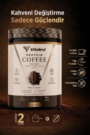 VİTALEST Protein Coffee 200G - Günlük Kahveni İçerken 14G Protein Al | Whey Protein ve Gerçek Kahve