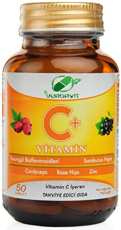 Yurdavit Vitamin C Vitamini 1000 Mg 50 Tablet Kuşburnu Kordiseps Mantarı Kara Mürver Turunçğil Bioflavonoidleri Çinko Sambucus Nigra Rose Hips Zinc Elderberry Cordyseps