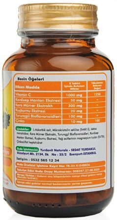 Yurdavit Vitamin C Vitamini 1000 Mg 50 Tablet Kuşburnu Kordiseps Mantarı Kara Mürver Turunçğil Bioflavonoidleri Çinko Sambucus Nigra Rose Hips Zinc Elderberry Cordyseps