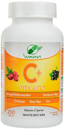 Yurdavit Vitamin C Vitamini 1000 Mg 200 Tablet Kuşburnu Kordiseps Mantarı Kara Mürver Turunçğil Bioflavonoidleri Çinko Sambucus Nigra Rose Hips Zinc Elderberry Cordyseps