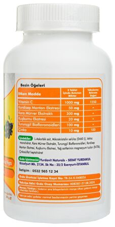 Yurdavit Vitamin C Vitamini 1000 Mg 200 Tablet Kuşburnu Kordiseps Mantarı Kara Mürver Turunçğil Bioflavonoidleri Çinko Sambucus Nigra Rose Hips Zinc Elderberry Cordyseps