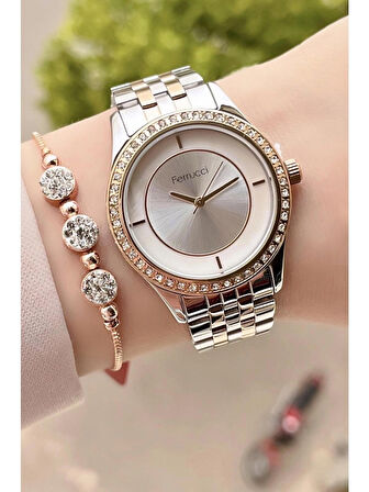 Ferrucci Silver&Rose Çelik Taşlı Kadın Kol Saat+Bileklik Hediye