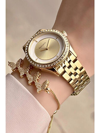 Ferrucci 1. Sınıf Çelik Sade Şık Gold Kadın Kol Saat+Bileklik