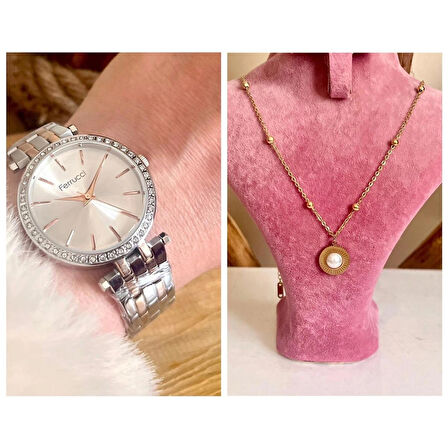 Ferrucci Silver&Rose Çelik Taşlı Kadın Kol Saat+Çelik Kolye Hediye