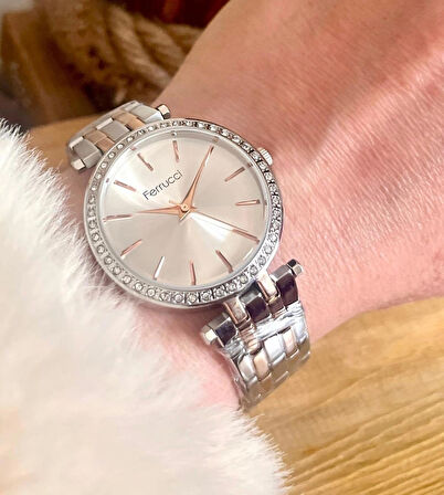 Ferrucci Silver&Rose Çelik Taşlı Kadın Kol Saat+Çelik Kolye Hediye