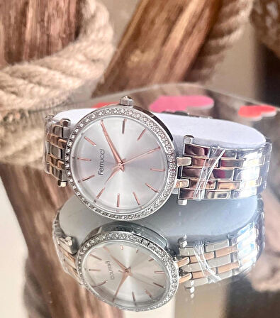 Ferrucci Silver&Rose Çelik Taşlı Kadın Kol Saat+Çelik Kolye Hediye