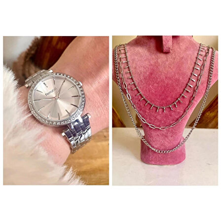 Ferrucci Silver Çelik Taşlı Kadın Kol Saat+Çelik Kolye Hediye