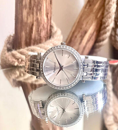 Ferrucci Silver Çelik Taşlı Kadın Kol Saat+Çelik Kolye Hediye