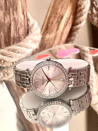 Ferrucci Silver Çelik Taşlı Kadın Kol Saat+Çelik Kolye Hediye