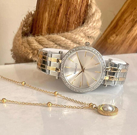 Ferrucci Silver&Gold Çelik Kordon Klasik Şık Kadın Kol Saat+Çelik Kolye Hediyeli