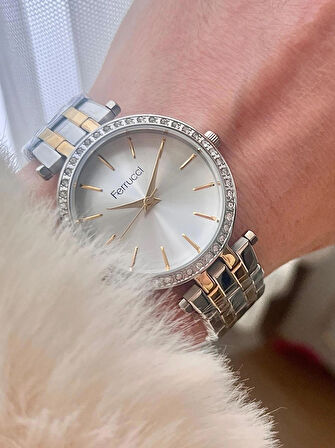 Ferrucci Silver&Gold Çelik Kordon Klasik Şık Kadın Kol Saat+Çelik Kolye Hediyeli