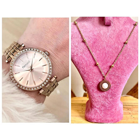Rosegold Çelik Taşlı Şık Kadın Kol Saati+%100 Çelik Kolye Hediyeli