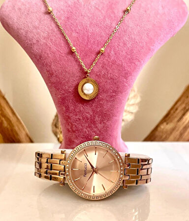Rosegold Çelik Taşlı Şık Kadın Kol Saati+%100 Çelik Kolye Hediyeli