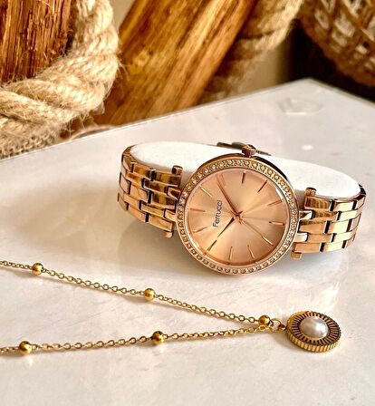 Rosegold Çelik Taşlı Şık Kadın Kol Saati+%100 Çelik Kolye Hediyeli