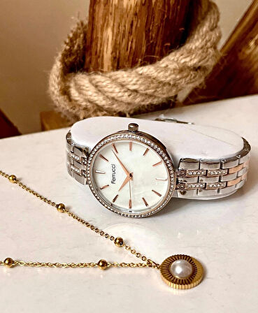 Ferrucci Silver&Rose Çelik Taşlı Kadın Kol Saat+Çelik Kolye Hediye