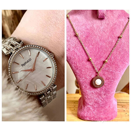 Ferrucci Silver&Rose Çelik Taşlı Kadın Kol Saat+Çelik Kolye Hediye
